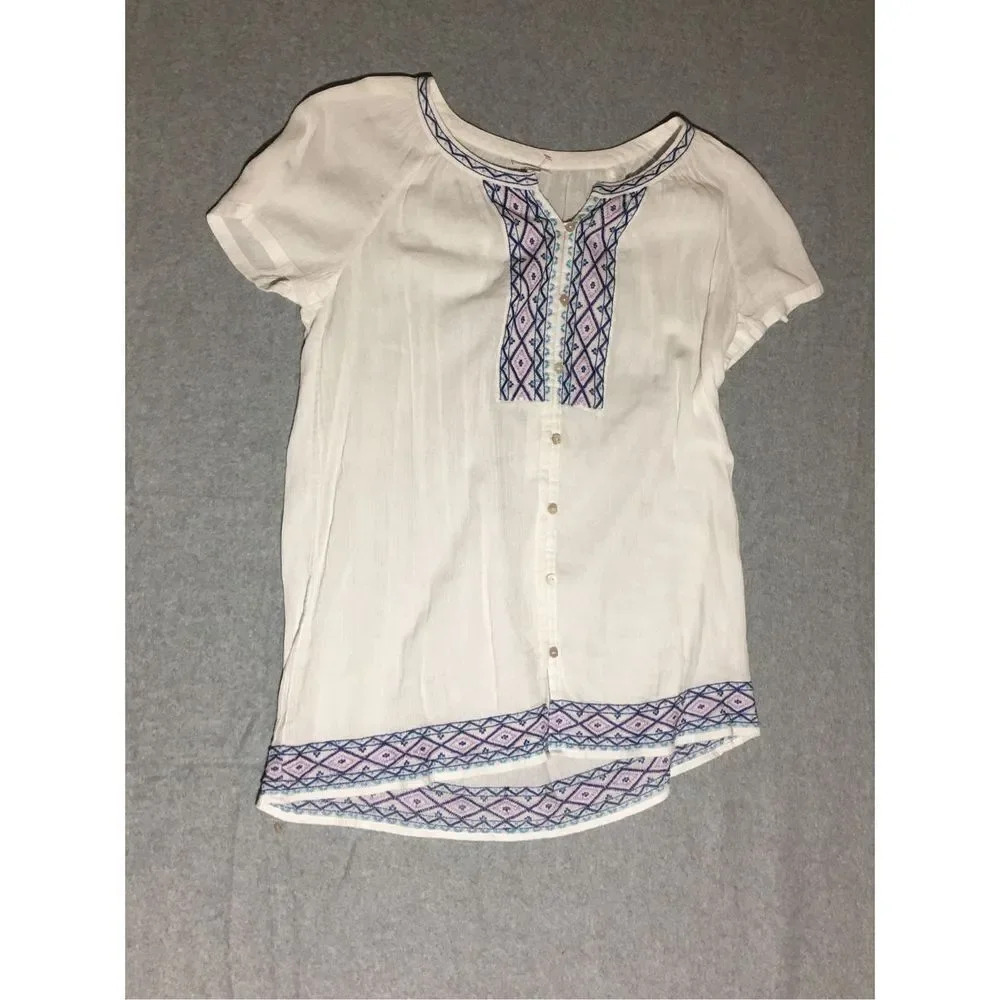 Womens J Jill Blouse Size Medium White Blue Detailed Button Up Shirt Grandma